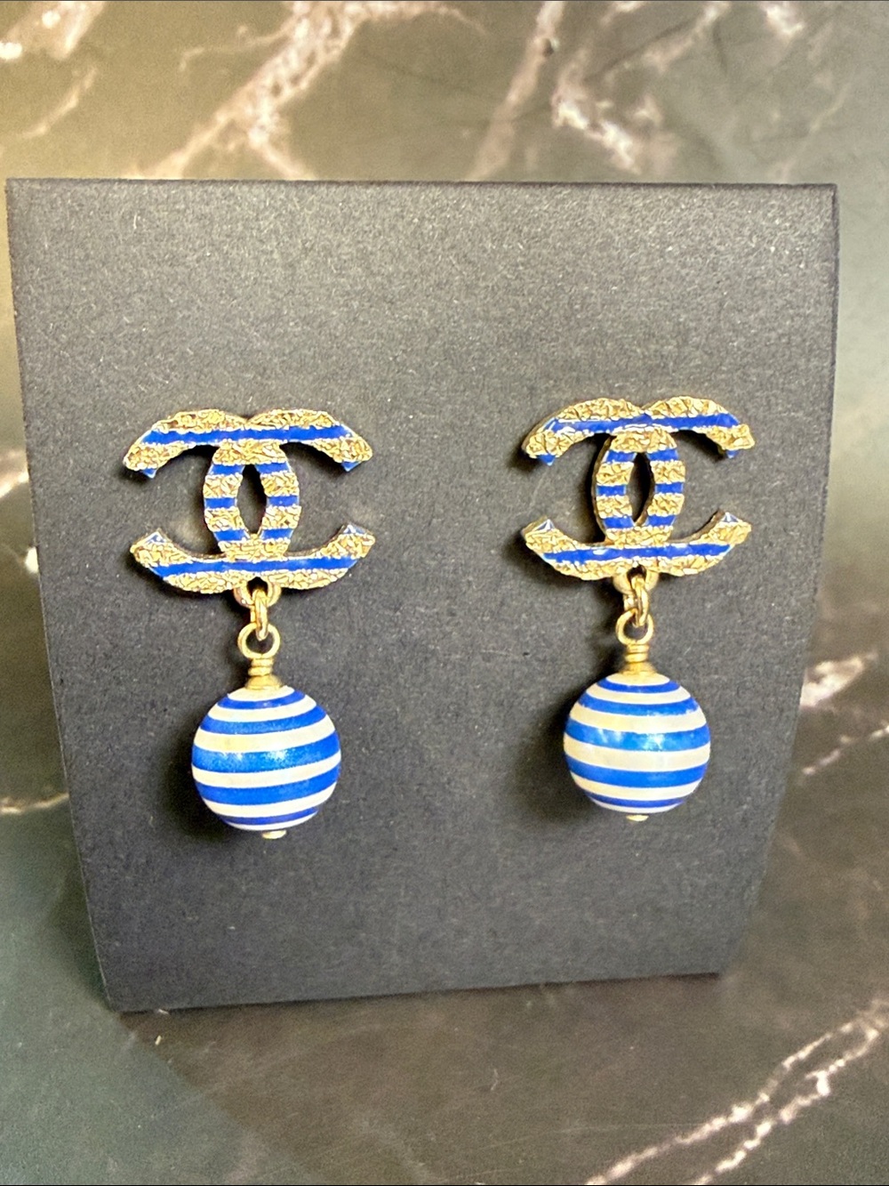 CHANEL Gold CC Earrings with Blue & White Striped Drops